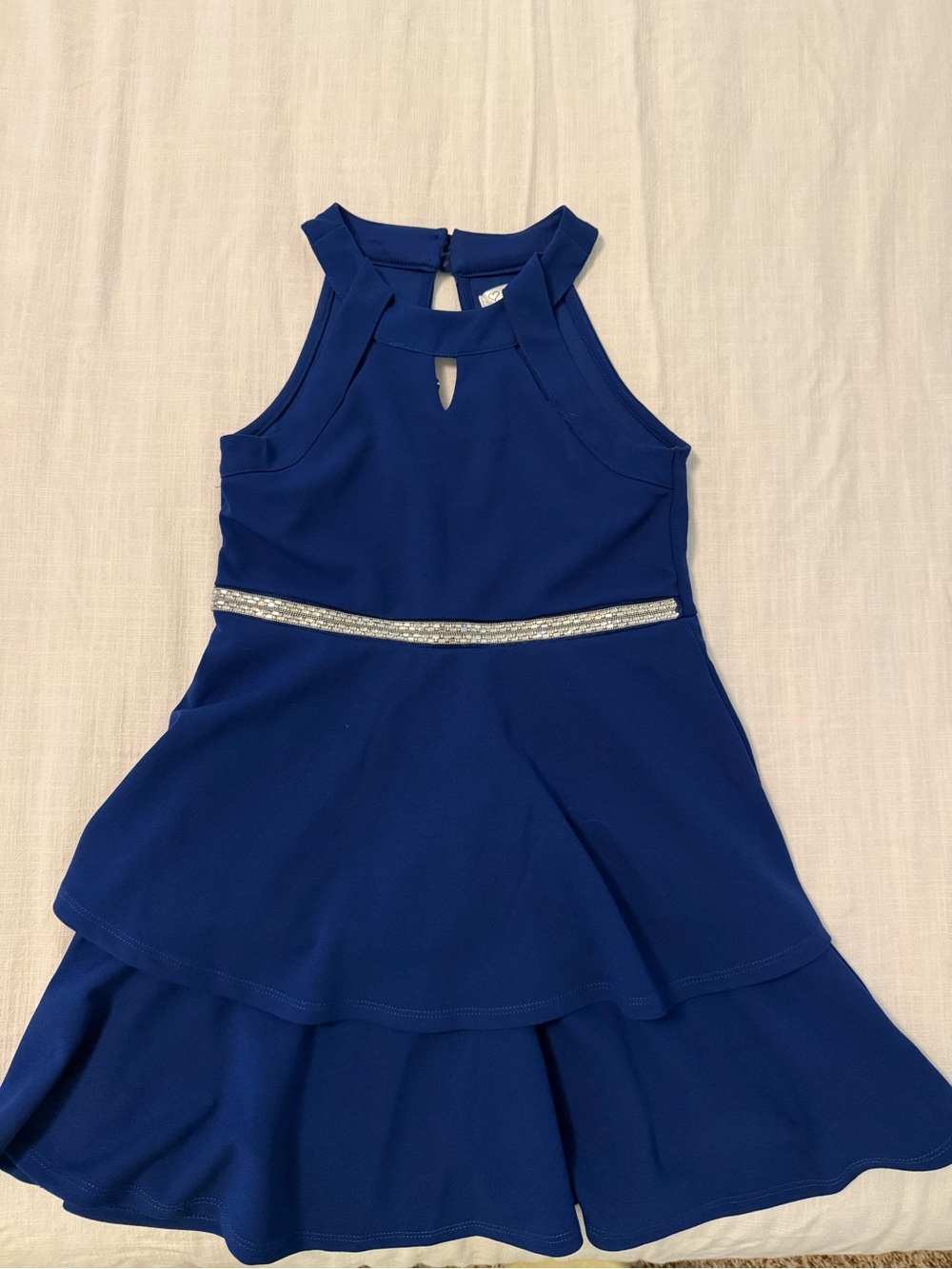Girls Navy Halter-Style Party Dress with Rhinestone Waistband